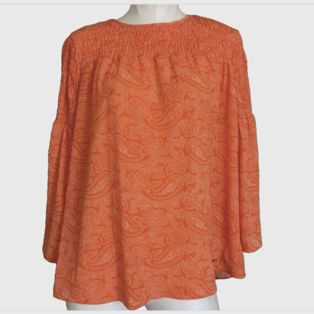 Michael Kors Women's M Paisley Poppy Blouse Boho Smocked Neck Bell Sleeves Flowy